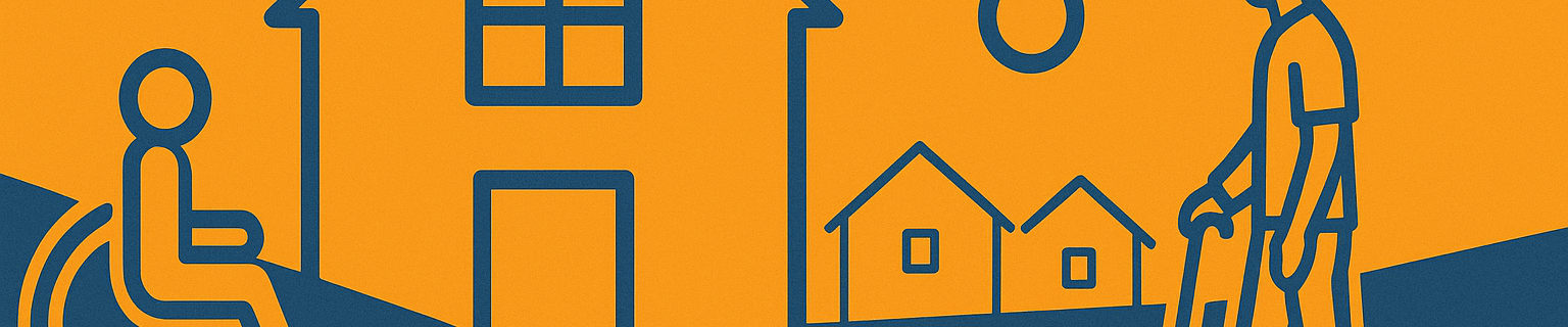 Ein stilisiertes Haus, davor befinden sich verschiedenste Menschen.